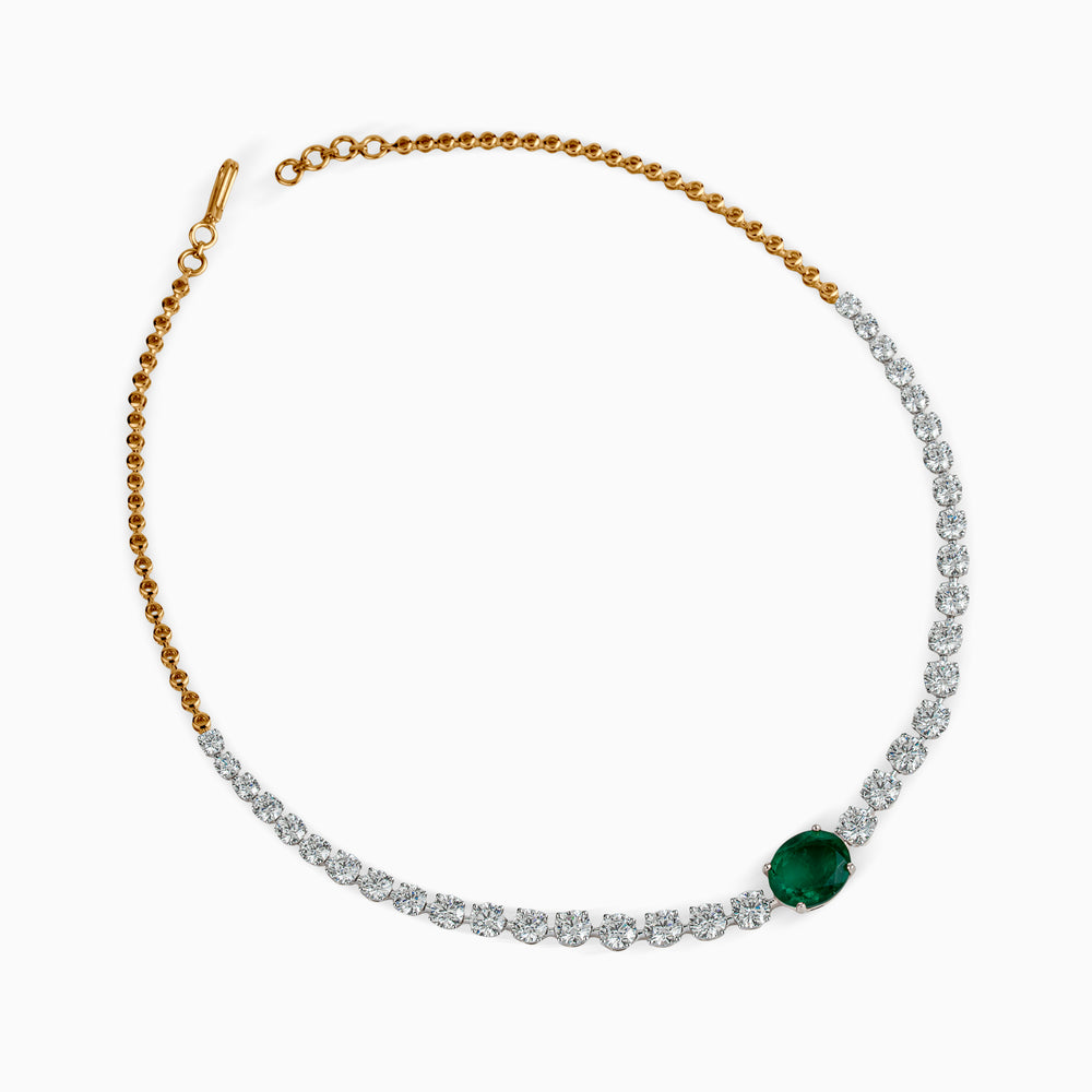 Gold and diamond necklace with emerald centerpiece, mixed metal chain links