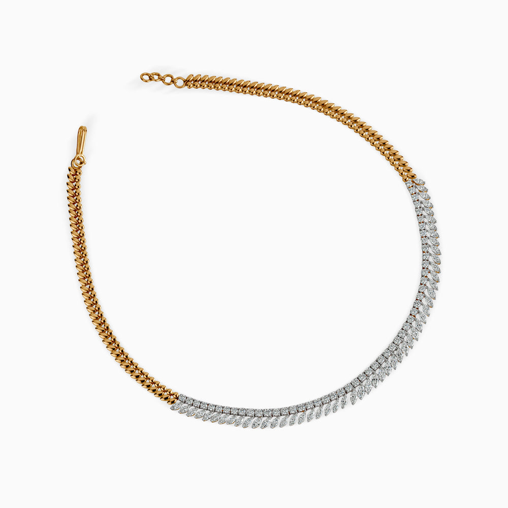 Gold and diamond necklace with intertwined chain and gemstone design, curved elegantly.