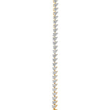 Diamond tennis bracelet with heart-shaped stones in gold setting, vertical arrangement