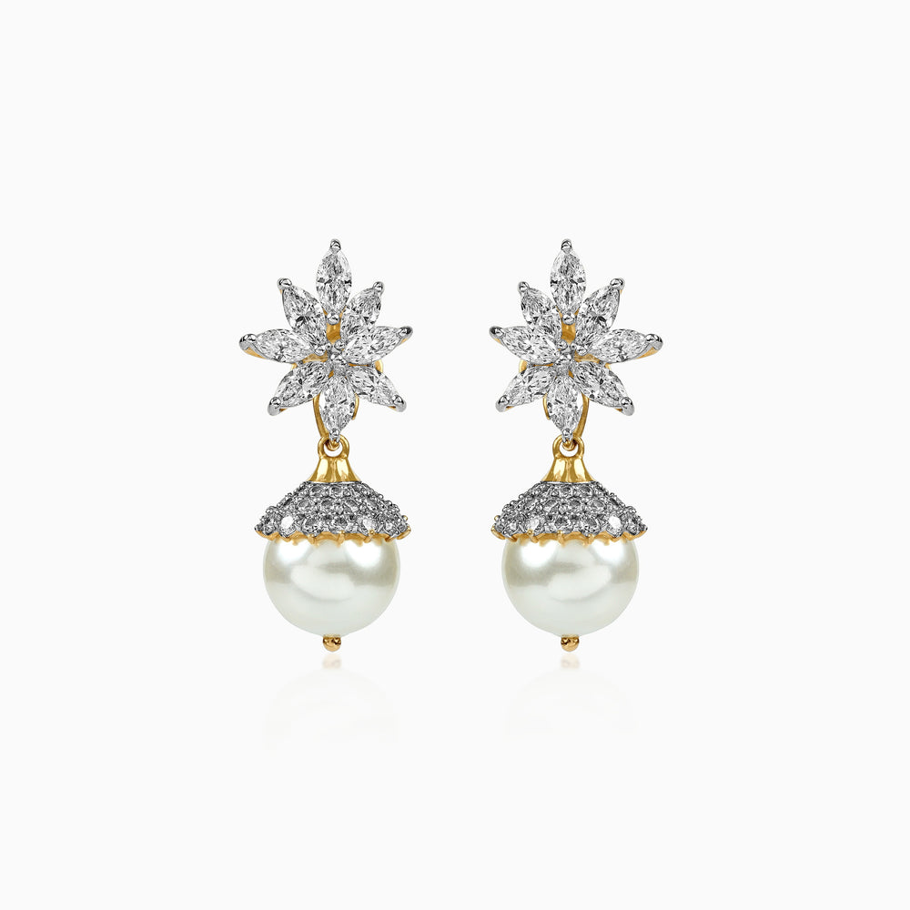 Diamond flower earrings with pearl drops, gold and silver tones