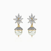Diamond flower earrings with pearl drops, gold and silver tones