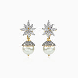 Diamond flower earrings with pearl drops, gold and silver tones