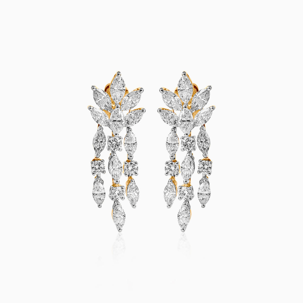 Diamond chandelier earrings with gold settings, cascading marquise and round stones