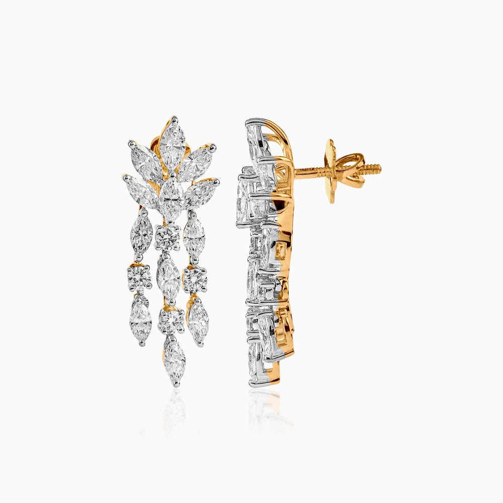 Diamond chandelier earrings in gold and white gold with marquise and round stones