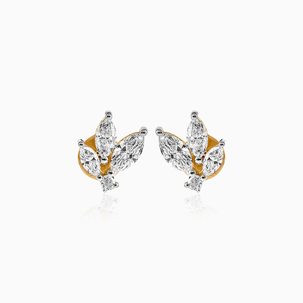 Gold and diamond earrings with marquise-cut stones in delicate floral cluster design