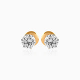 Gold stud earrings with round brilliant diamond solitaires in prong settings