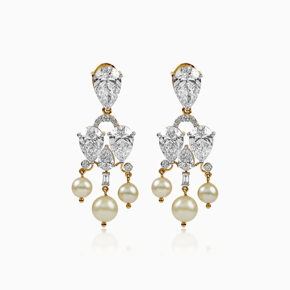 Diamond and pearl chandelier earrings with teardrop stones and gold settings