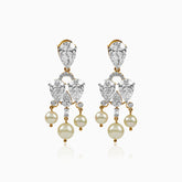 Diamond and pearl chandelier earrings with teardrop stones and gold settings