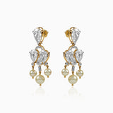 Diamond and pearl chandelier earrings in gold with teardrop stones and hanging pearls