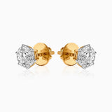 Diamond stud earrings with gold backs, round brilliant cut stones in silver settings