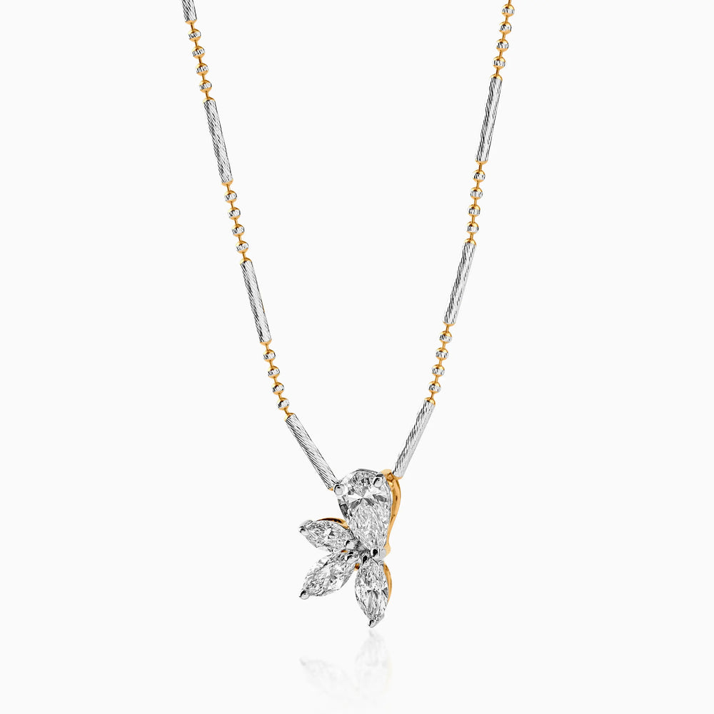Two-tone diamond pendant necklace with floral-inspired marquise stone design on delicate chain