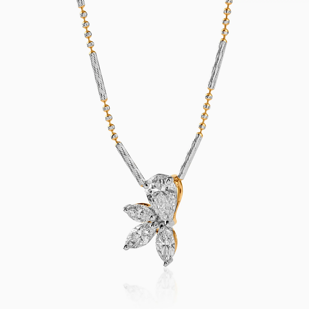 Two-tone diamond pendant necklace with floral marquise-cut design on mixed metal chain