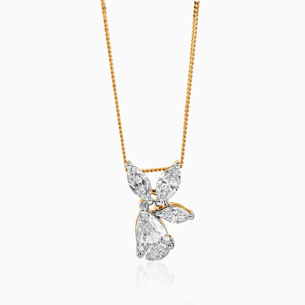 Gold chain with diamond butterfly pendant on white background