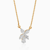 Gold necklace with diamond flower pendant, marquise and pear-cut stones in delicate cluster design