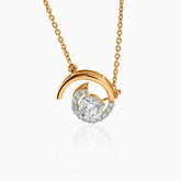Gold pendant with curved design, large diamond encircled by smaller diamonds on delicate chain