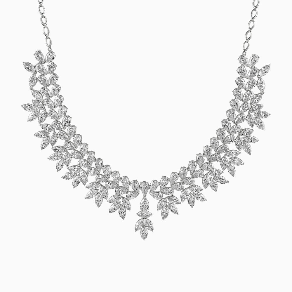 Intricate diamond leaf necklace with cascading floral design in silver and white tones