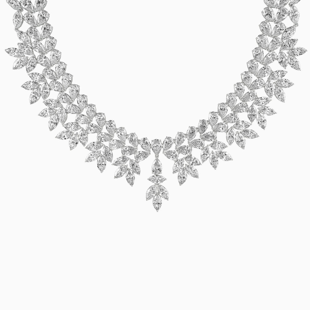 Luxurious diamond necklace with leaf-shaped stones in intricate, cascading design