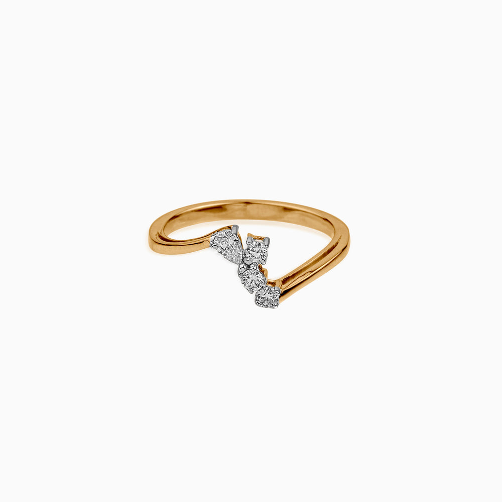 Gold ring with curved band and three sparkling diamond clusters