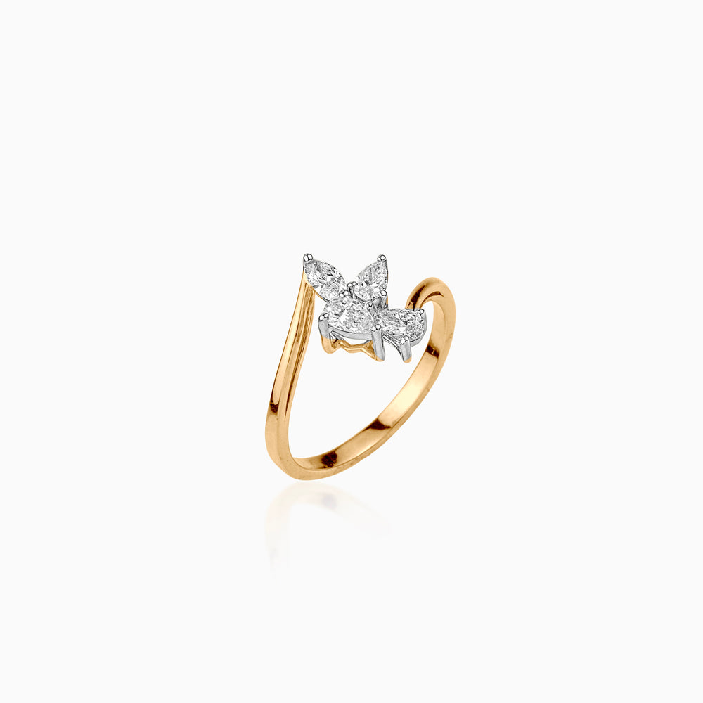 Gold ring with butterfly-shaped diamond cluster in white gold accent