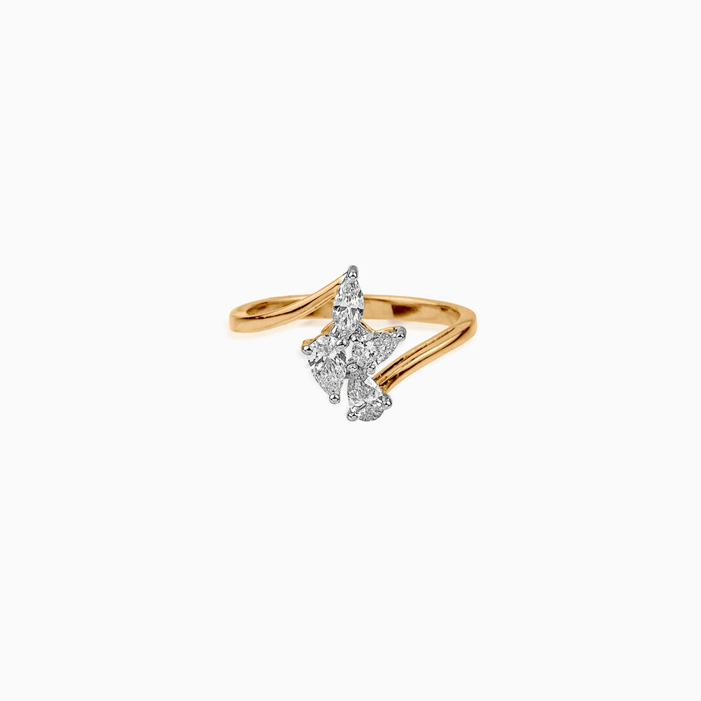 Gold ring with three clustered marquise-cut diamonds on twisted band