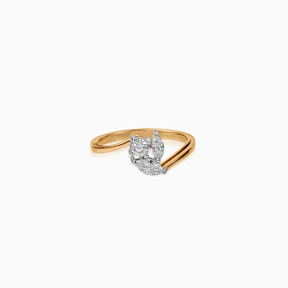 Gold ring with two-tone diamond cluster in elegant twisted band design