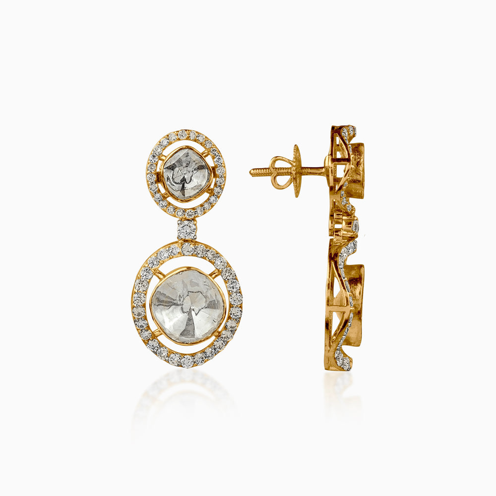 Gold diamond earrings with round slice diamonds surrounded by sparkling pavé