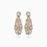 Ornate gold chandelier earrings with diamond-like stones in cascading circular design