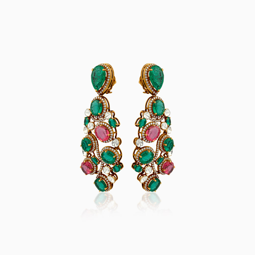 Ornate emerald and ruby chandelier earrings with gold and diamond detailing