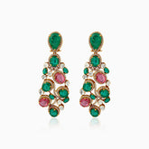 Ornate emerald and ruby chandelier earrings with diamond accents in gold setting