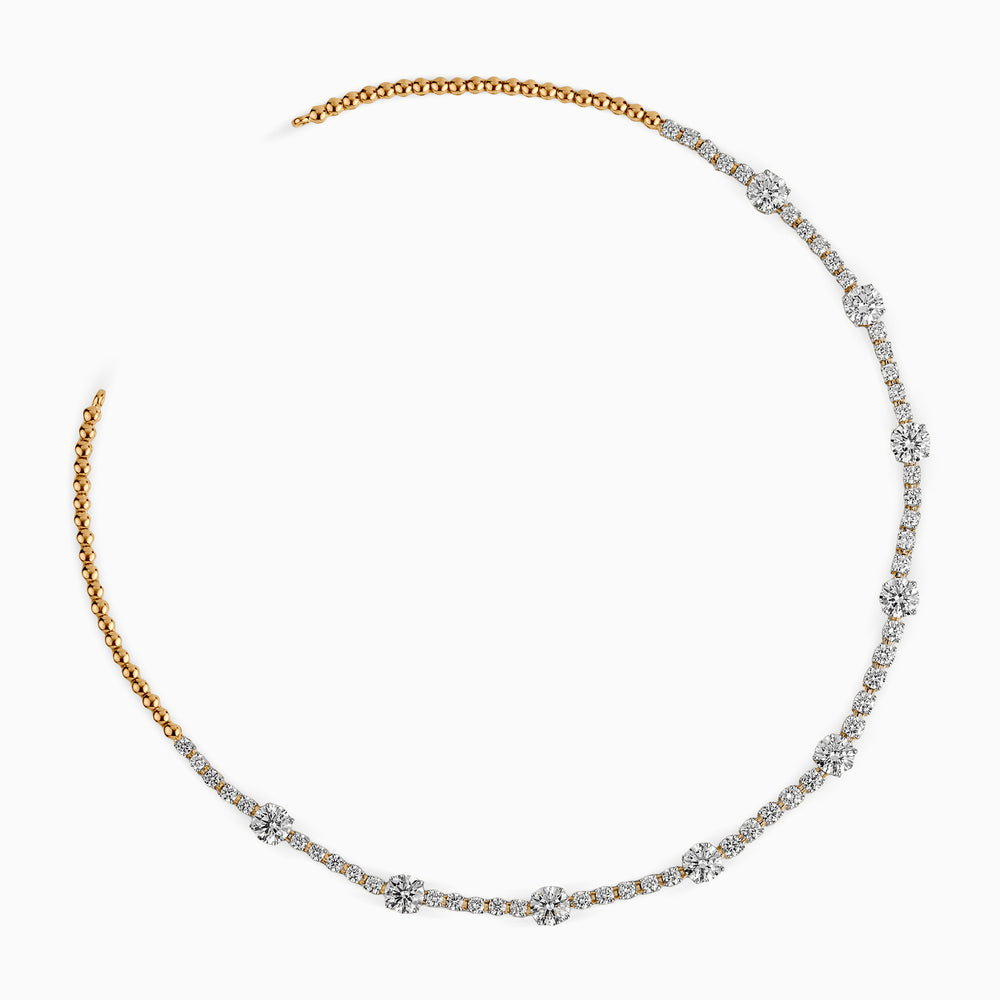 Gold and diamond necklace with curved design, large round diamonds and delicate beaded edges