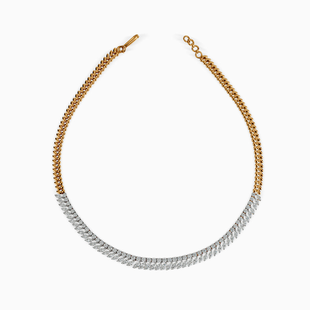 Gold and silver diamond-studded chain necklace with curved, interlocking links
