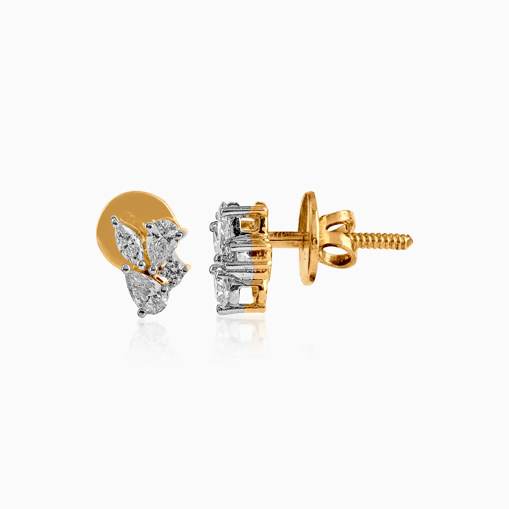 Gold and diamond stud earring with multiple diamond shapes and screw-back closure