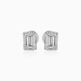 Emerald-cut diamond stud earrings in white gold, reflecting light on white background