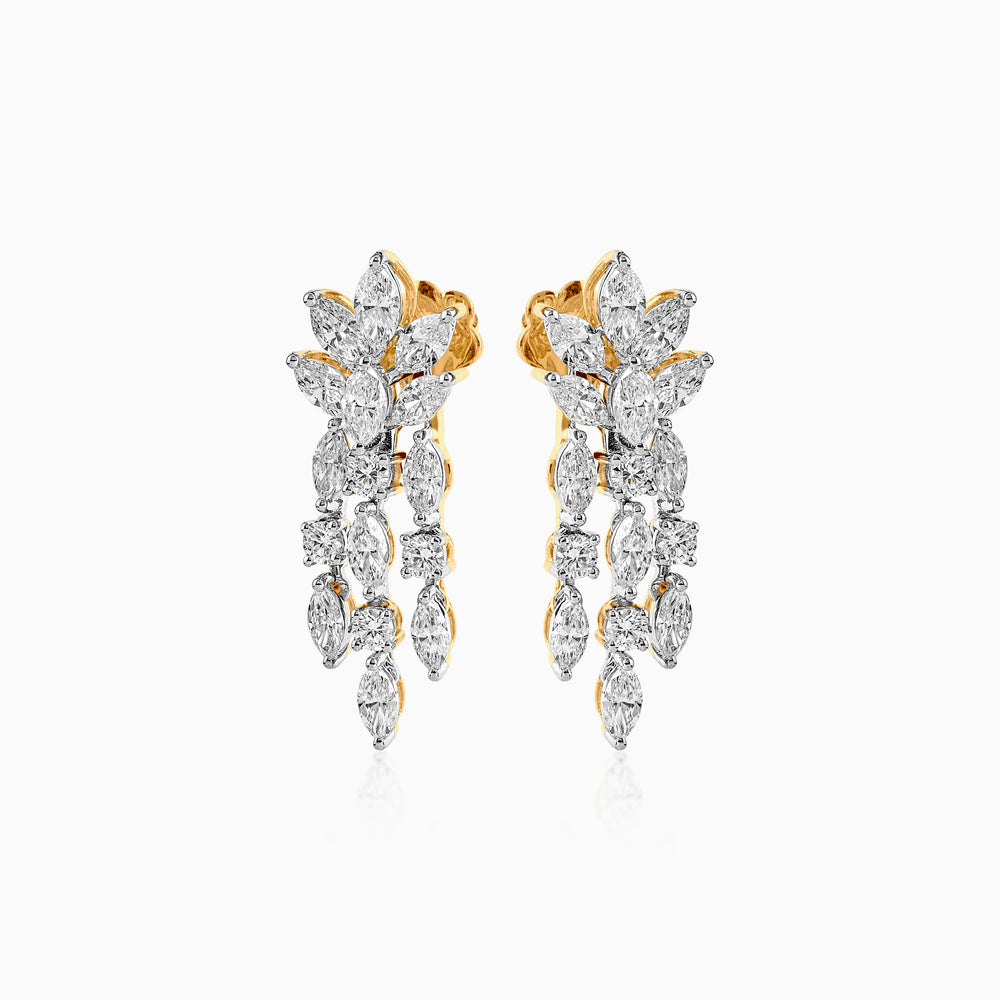 Diamond chandelier earrings in gold and white with cascading marquise-cut stones