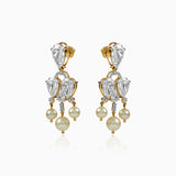 Diamond and pearl chandelier earrings in gold with teardrop stones and hanging pearls