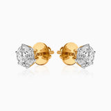 Diamond stud earrings with gold backs, round brilliant cut stones in silver settings