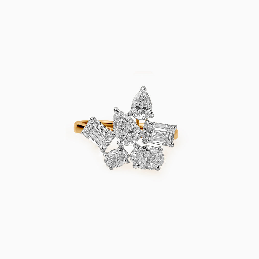Gold ring with mixed-cut diamonds in cluster design, white and yellow metal