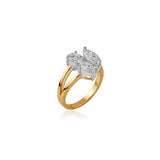 Gold and white gold ring with three sparkling diamond stones in unique setting